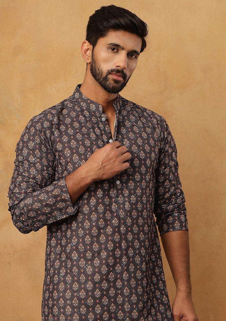 Grey Floral Print Cotton Kurta For Men - Indya