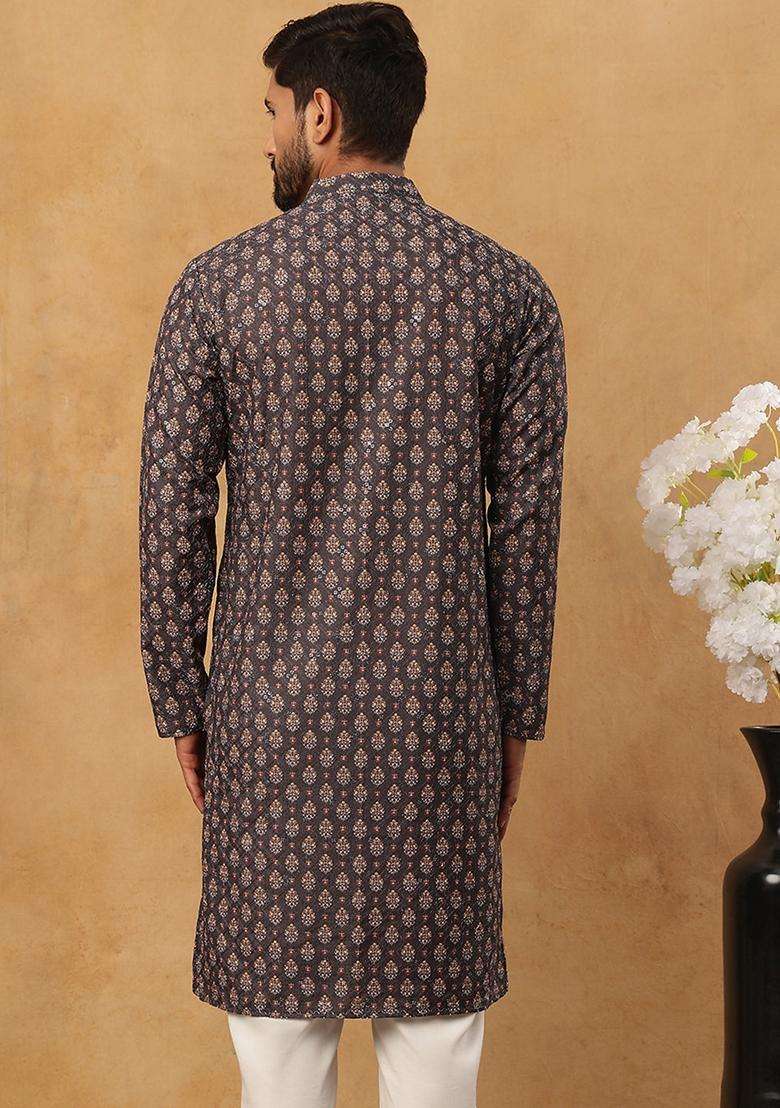 Grey Floral Print Cotton Kurta For Men - Indya