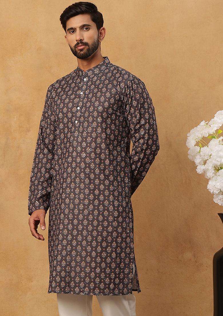 Grey Floral Print Cotton Kurta For Men - Indya