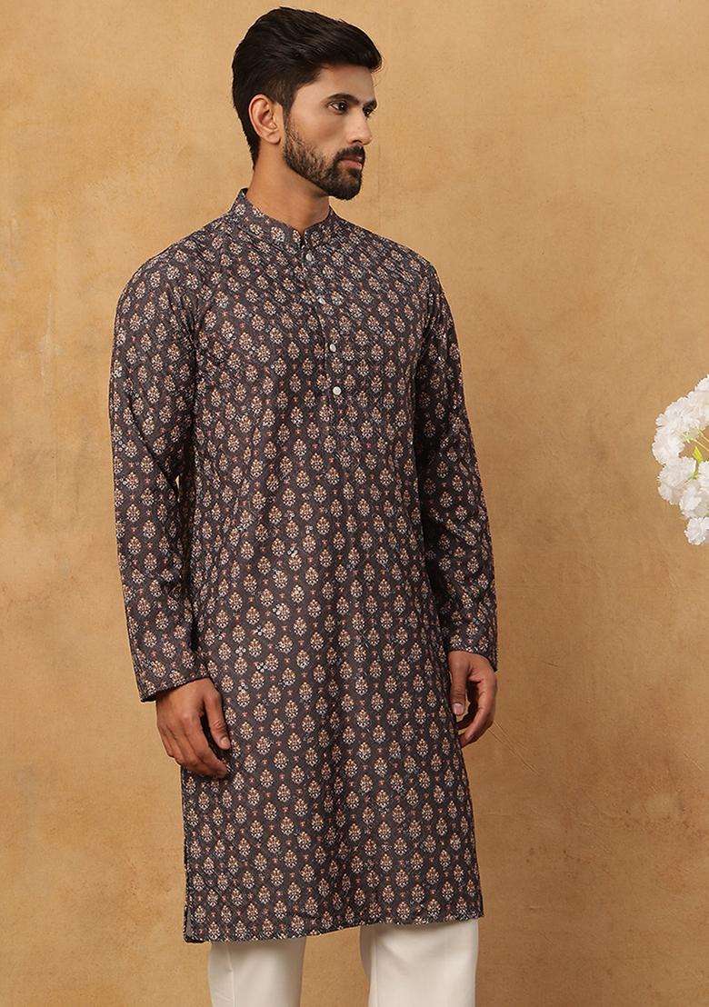 Grey Floral Print Cotton Kurta For Men - Indya