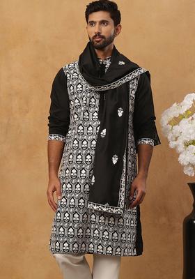 Black Floral Print Cotton Kurta For Men
