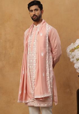 Peach Floral Print Cotton Kurta For Men
