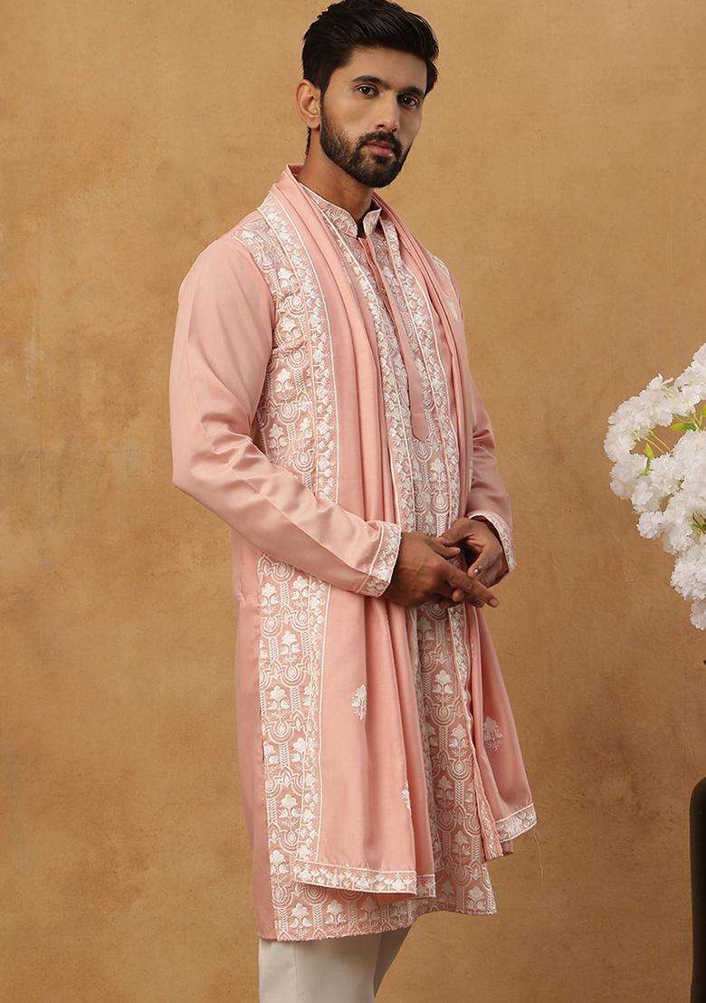 Peach Floral Print Cotton Kurta For Men - Indya