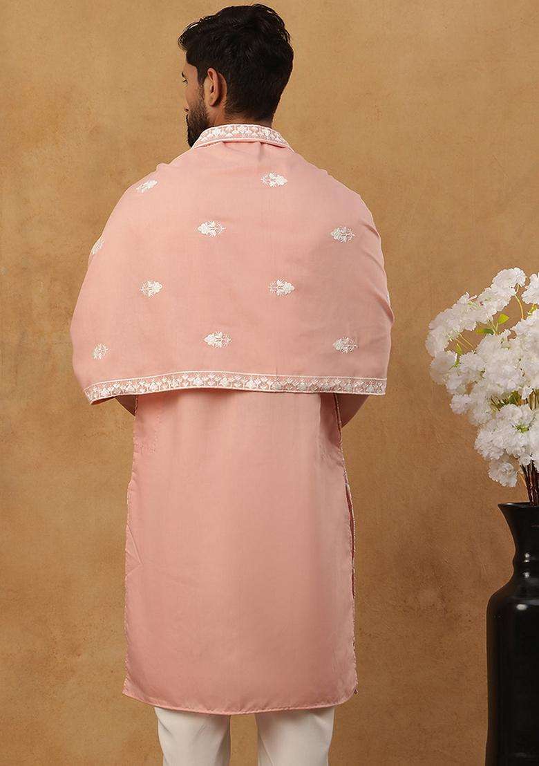Peach Floral Print Cotton Kurta For Men - Indya