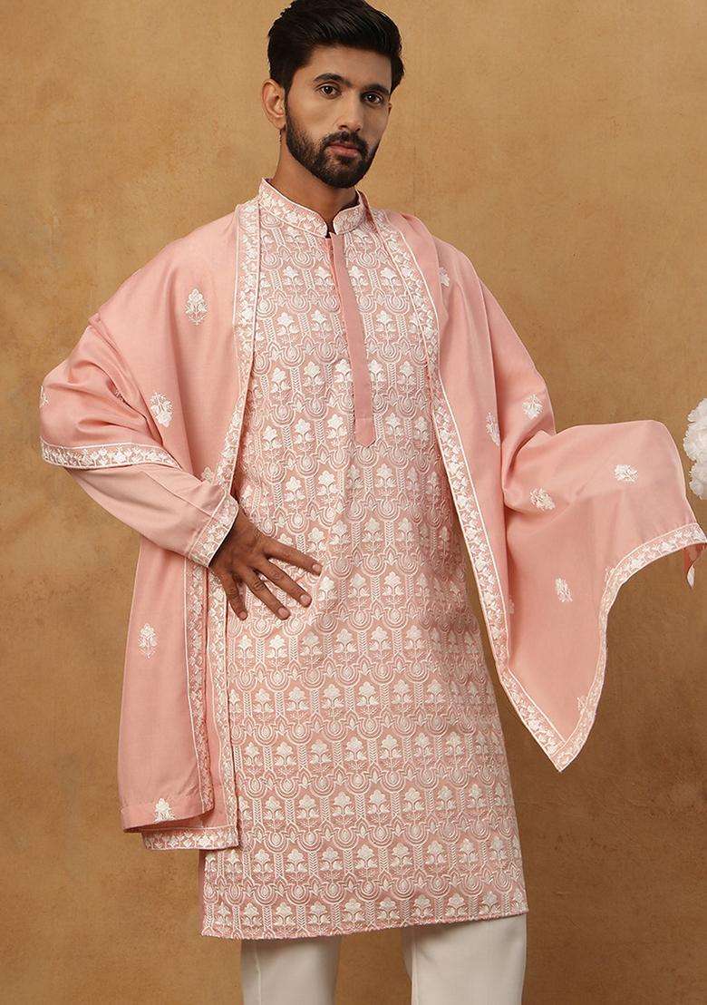 Peach Floral Print Cotton Kurta For Men - Indya