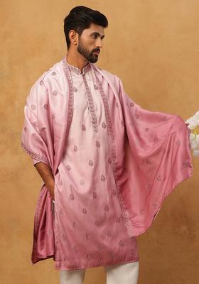 Pink Floral Print Cotton Kurta For Men