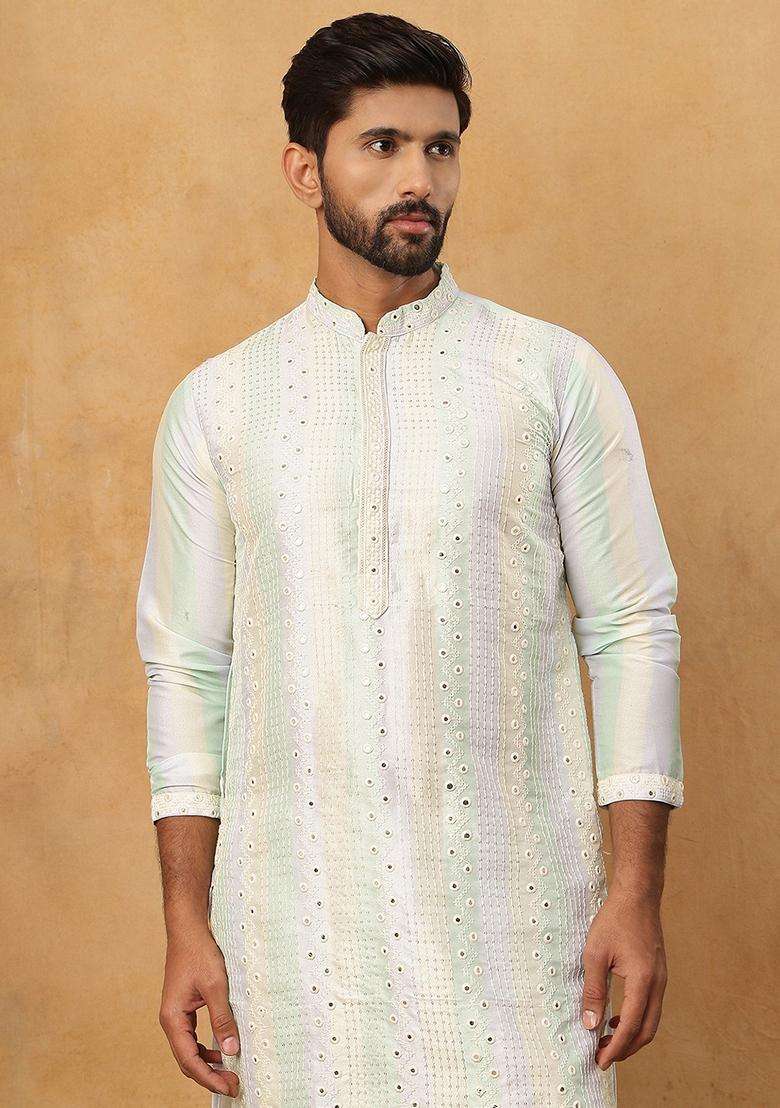 Multicolor Geometric Silk Blend Kurta Pyjama Set For Men - Indya