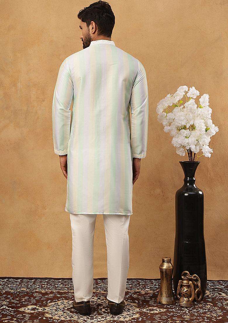 Multicolor Geometric Silk Blend Kurta Pyjama Set For Men - Indya