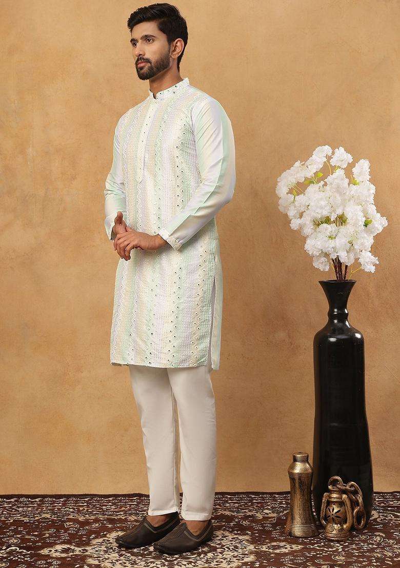 Multicolor Geometric Silk Blend Kurta Pyjama Set For Men - Indya
