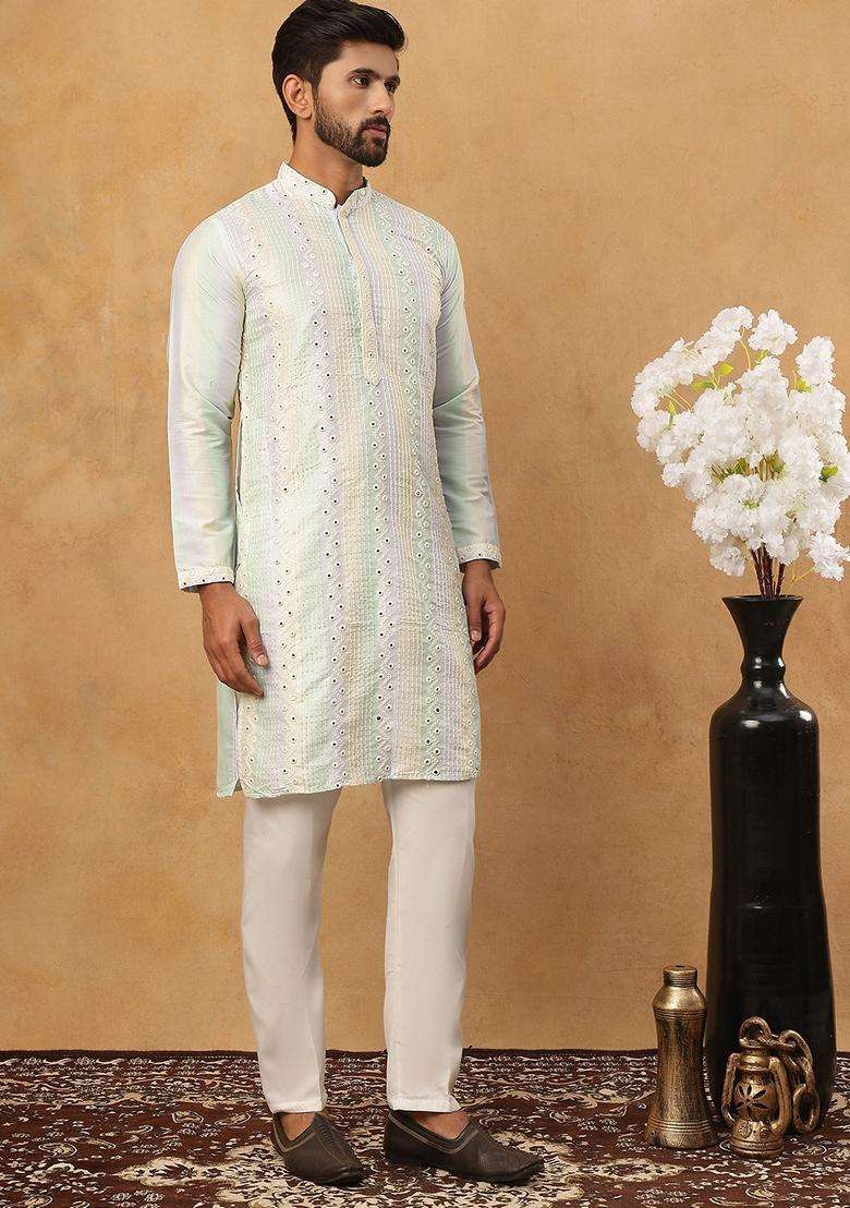 Multicolor Geometric Silk Blend Kurta Pyjama Set For Men - Indya