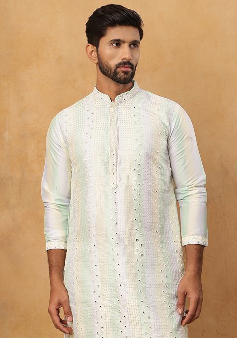 Multicolor Geometric Silk Blend Kurta Pyjama Set For Men