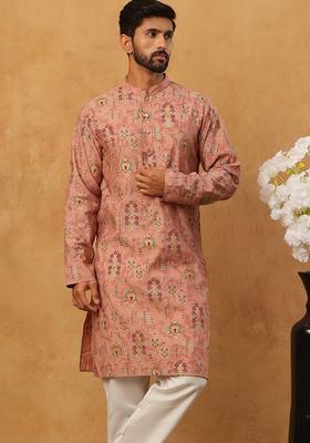 Peach Floral Print Silk Blend Kurta Pyjama Set For Men