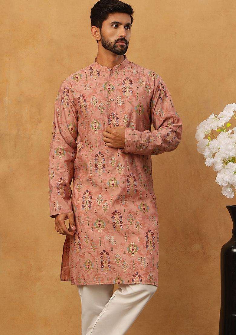 Peach Floral Print Silk Blend Kurta Pyjama Set For Men - Indya