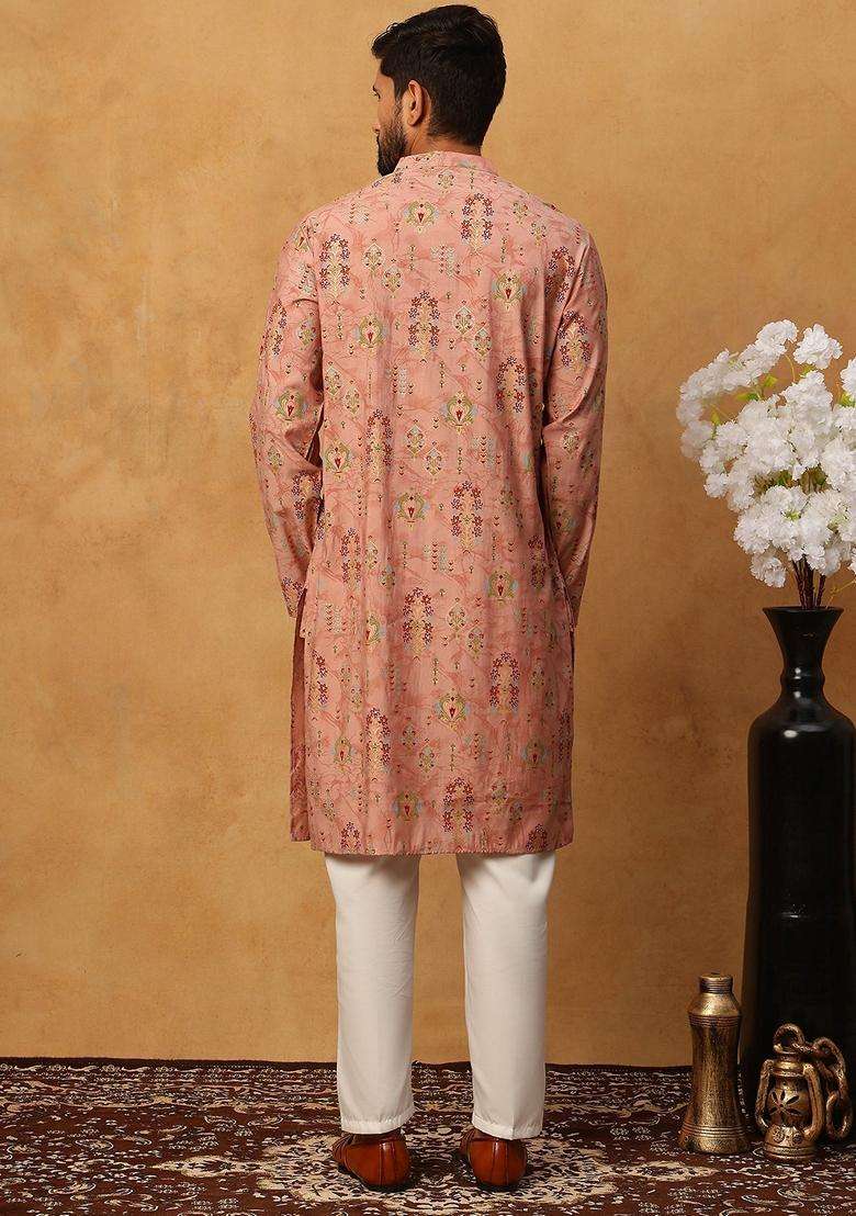 Peach Floral Print Silk Blend Kurta Pyjama Set For Men - Indya