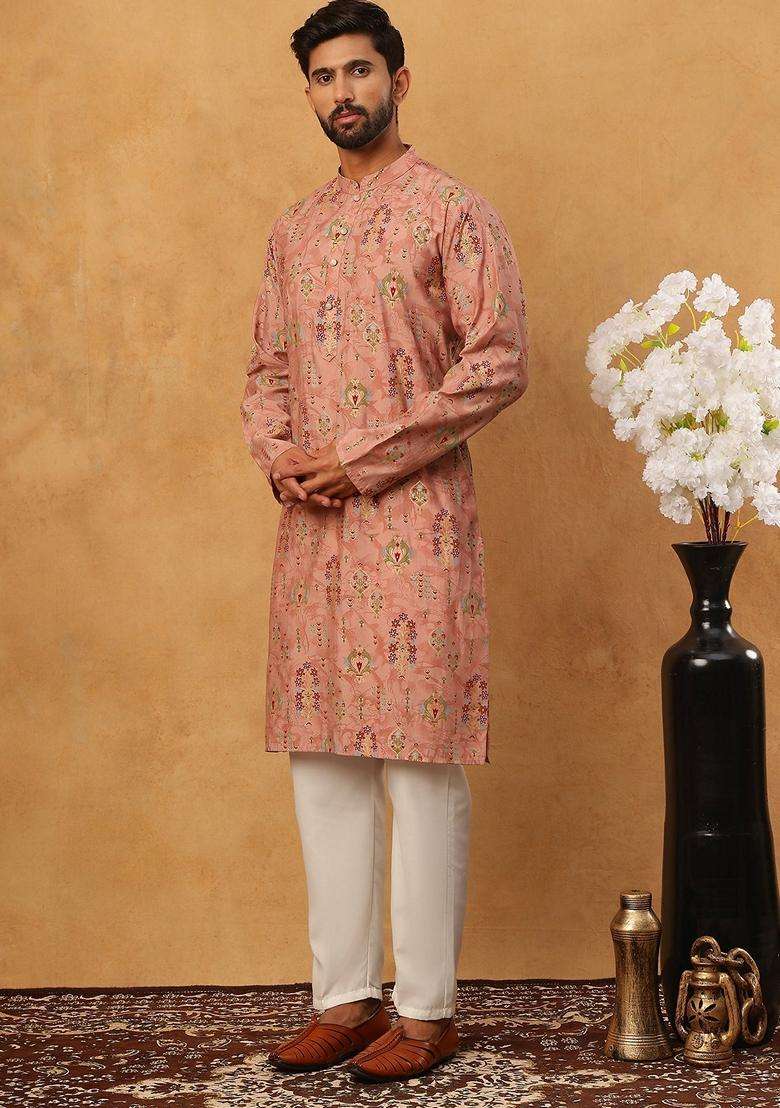 Peach Floral Print Silk Blend Kurta Pyjama Set For Men - Indya