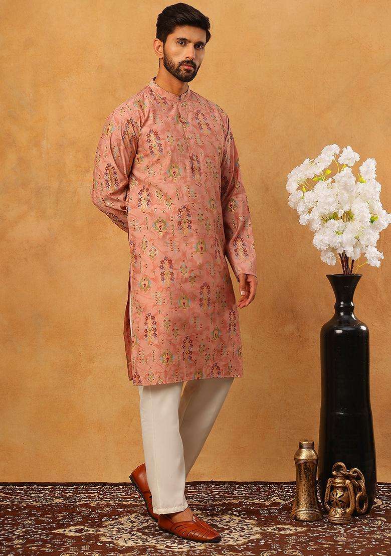 Peach Floral Print Silk Blend Kurta Pyjama Set For Men - Indya