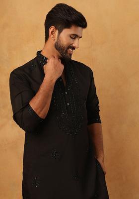 Black Floral Print Silk Kurta Pyjama Set For Men