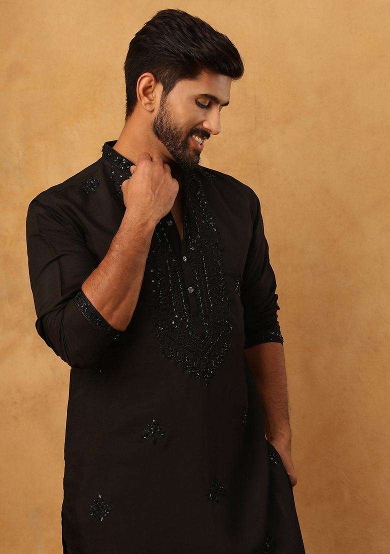 Black Floral Print Silk Blend Kurta Pyjama Set For Men - Indya