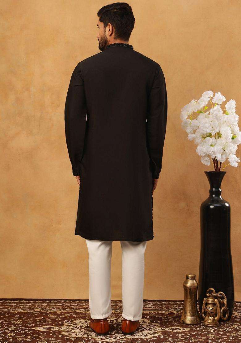Black Floral Print Silk Blend Kurta Pyjama Set For Men - Indya