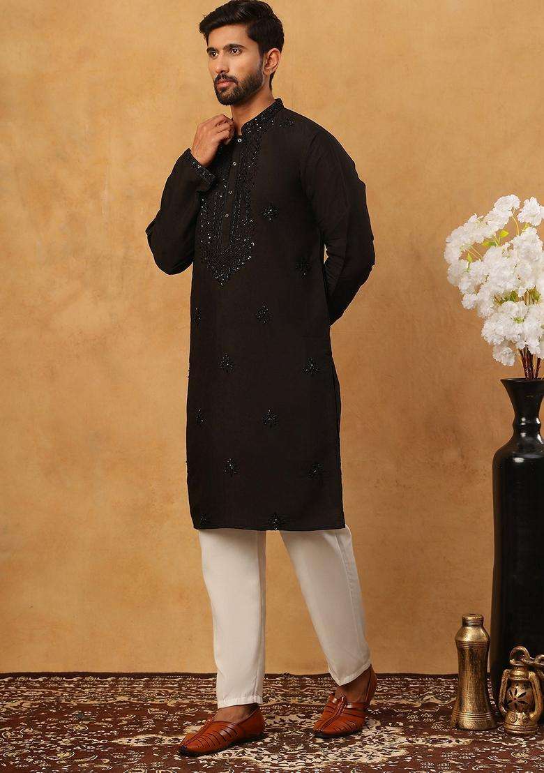 Black Floral Print Silk Blend Kurta Pyjama Set For Men - Indya