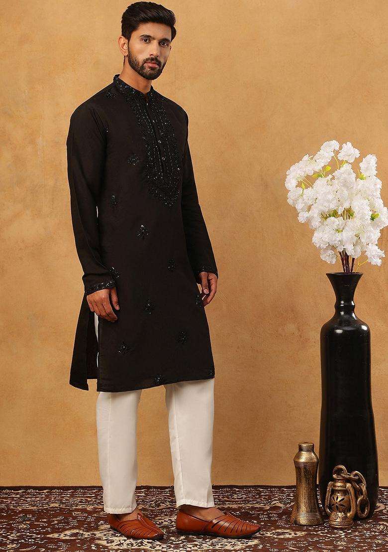 Black Floral Print Silk Blend Kurta Pyjama Set For Men - Indya