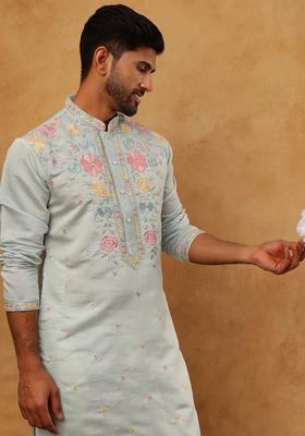 Blue Floral Print Silk Blend Kurta Pyjama Set For Men