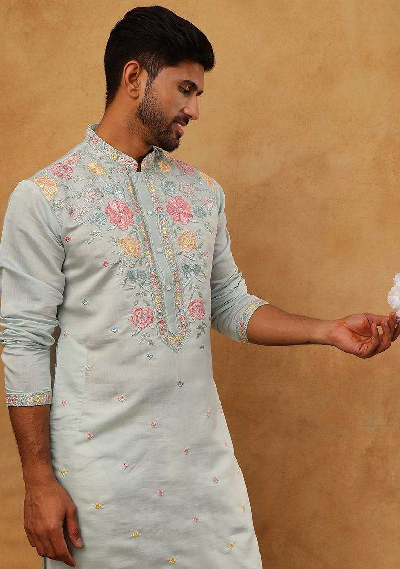 Blue Floral Print Silk Blend Kurta Pyjama Set For Men - Indya