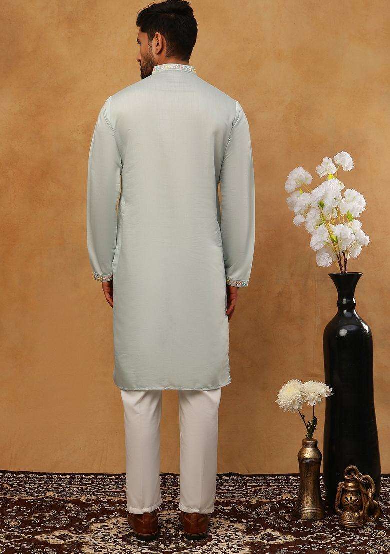 Blue Floral Print Silk Blend Kurta Pyjama Set For Men - Indya