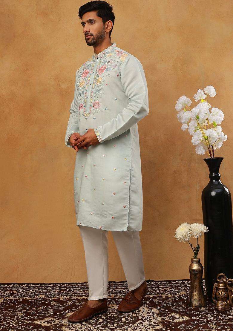 Blue Floral Print Silk Blend Kurta Pyjama Set For Men - Indya