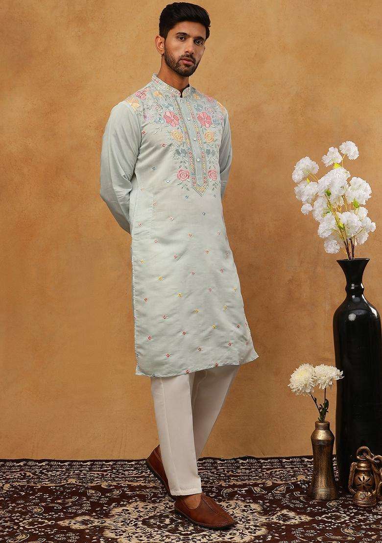 Blue Floral Print Silk Blend Kurta Pyjama Set For Men - Indya
