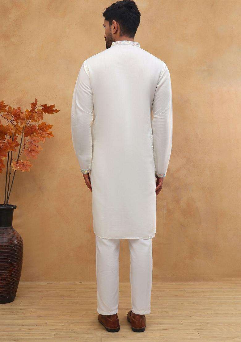 White Floral Print Silk Blend Kurta Pyjama Set For Men - Indya