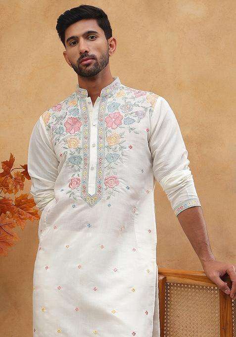 White Floral Print Silk Blend Kurta Pyjama Set For Men