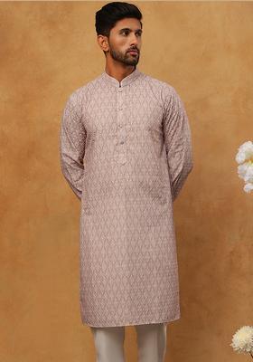 Beige Floral Print Silk Kurta Pyjama Set For Men