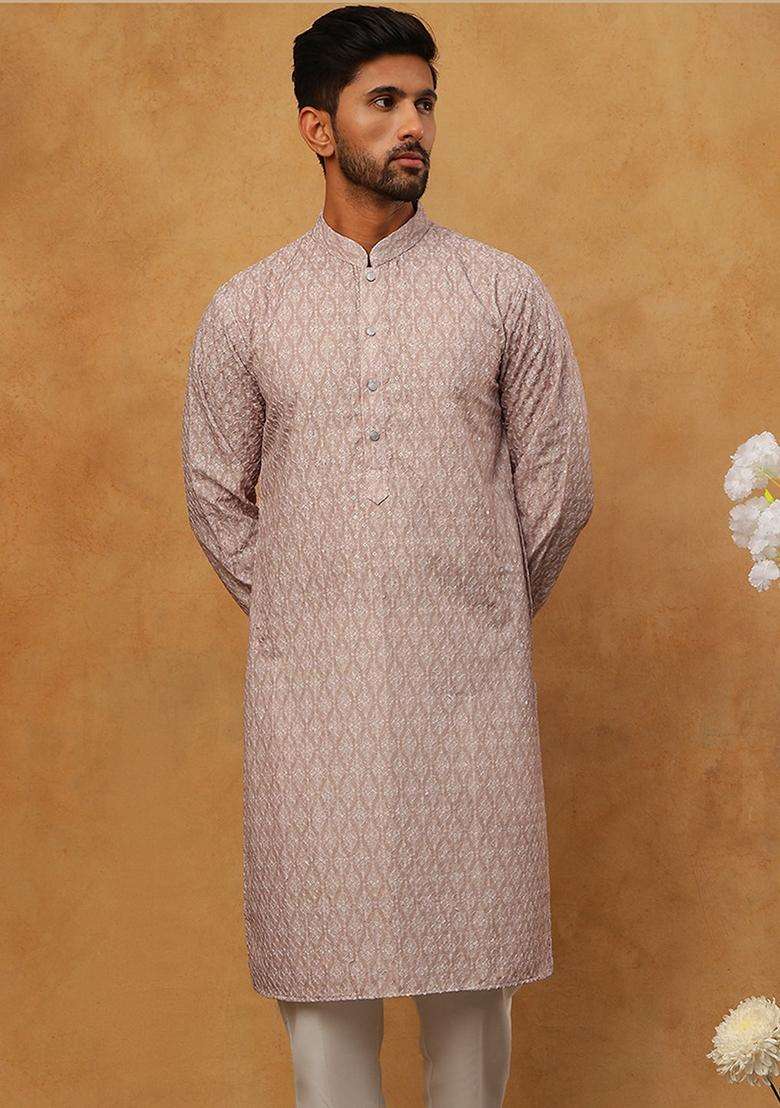 Beige Floral Print Silk Blend Kurta Pyjama Set For Men - Indya