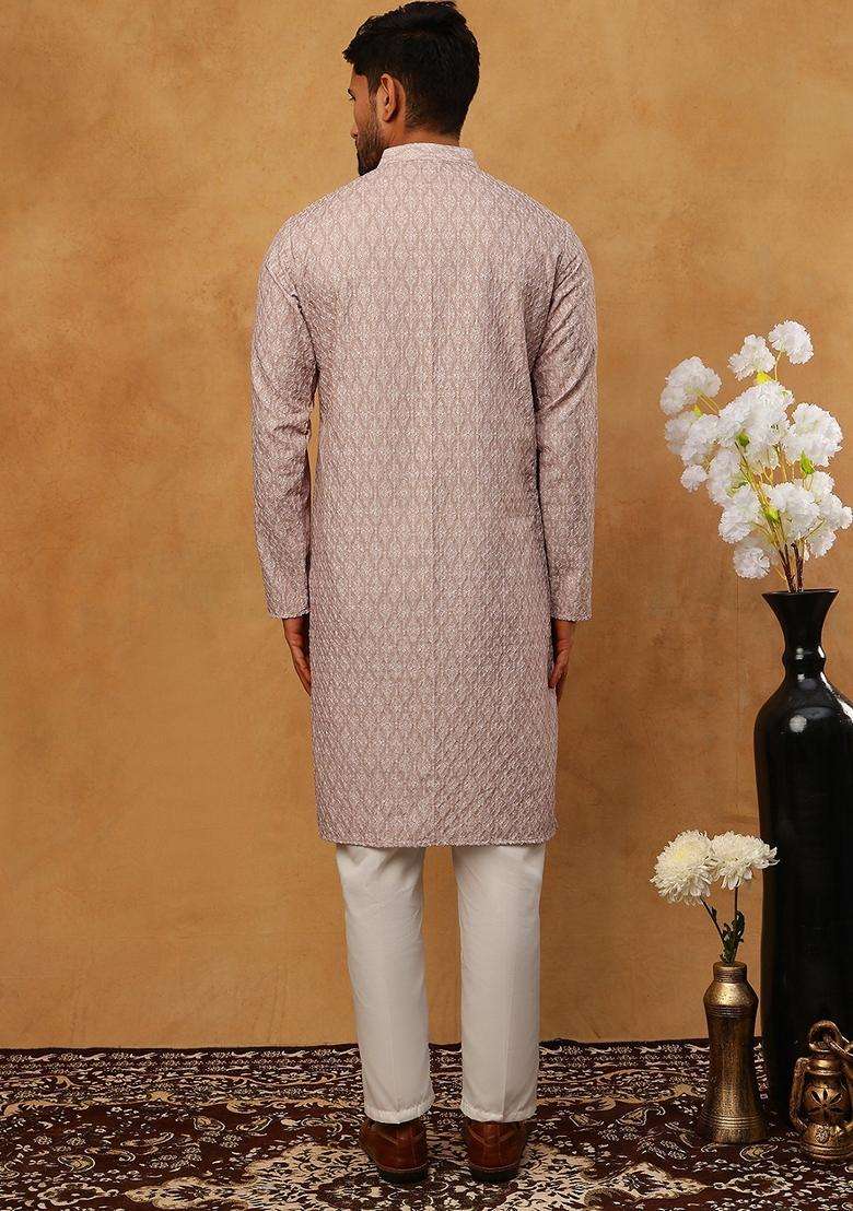 Beige Floral Print Silk Blend Kurta Pyjama Set For Men - Indya