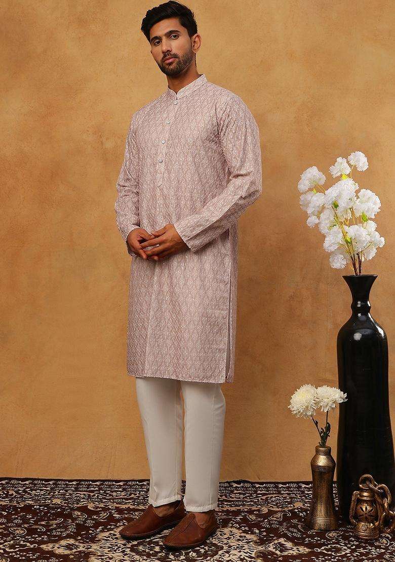 Beige Floral Print Silk Blend Kurta Pyjama Set For Men - Indya
