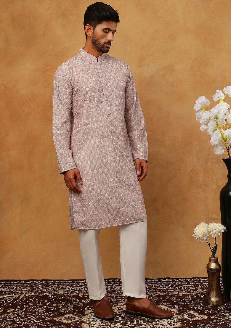 Beige Floral Print Silk Blend Kurta Pyjama Set For Men - Indya