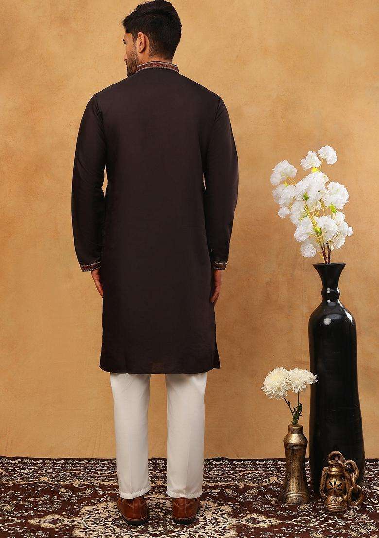 Coffee Floral Print Silk Blend Kurta Pyjama Set For Men - Indya