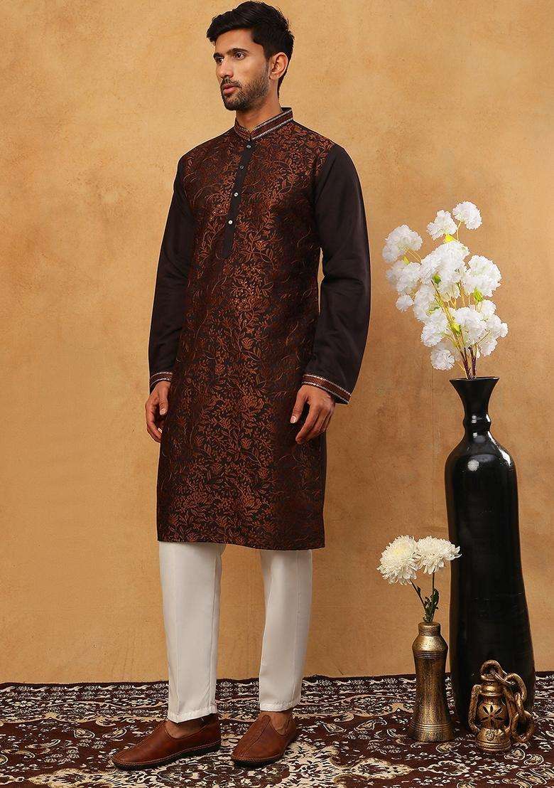 Coffee Floral Print Silk Blend Kurta Pyjama Set For Men - Indya