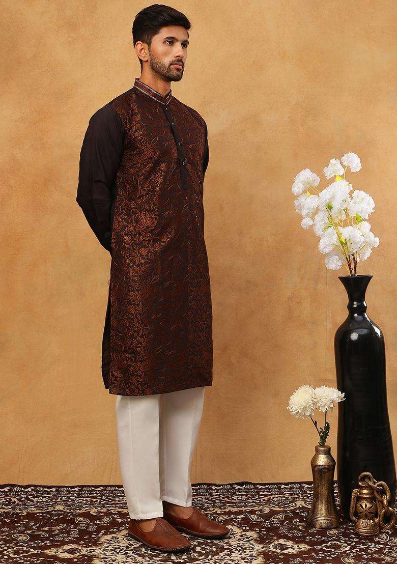 Coffee Floral Print Silk Blend Kurta Pyjama Set For Men - Indya