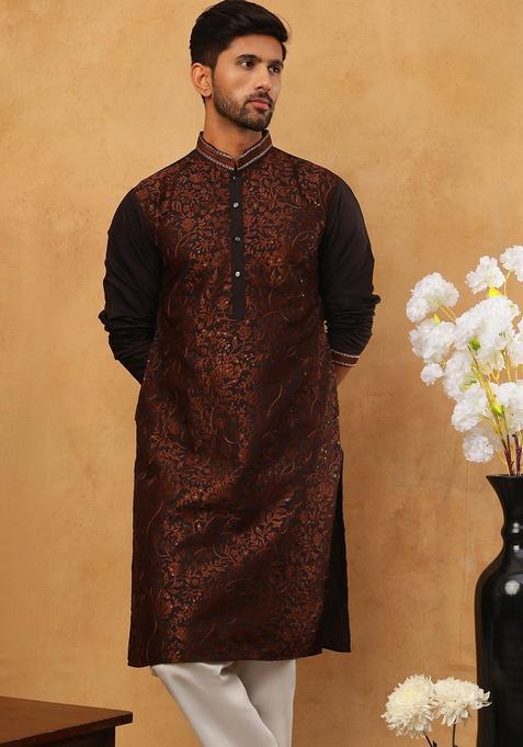 Coffee Floral Print Silk Blend Kurta Pyjama Set For Men