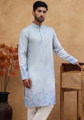 Blue Floral Print Cotton Kurta Pyjama Set For Men