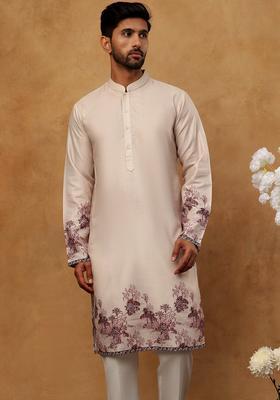 Peach Floral Print Cotton Kurta Pyjama Set For Men