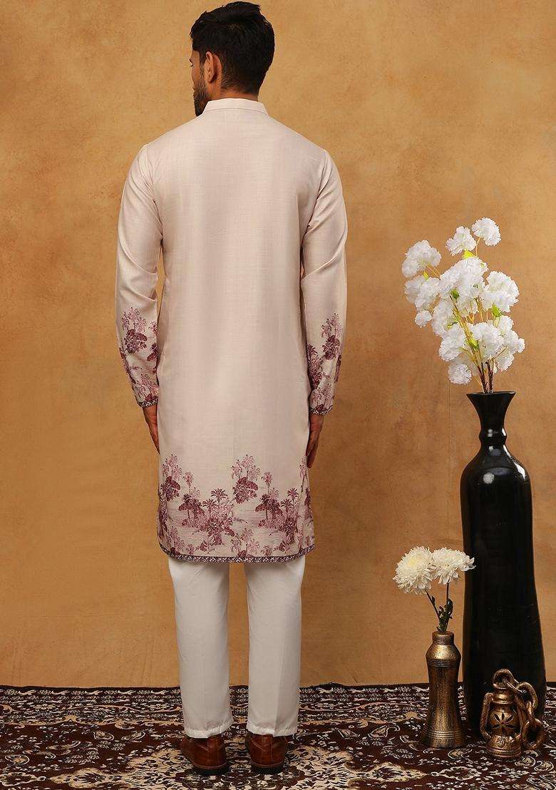 Peach Floral Print Cotton Kurta Pyjama Set For Men - Indya