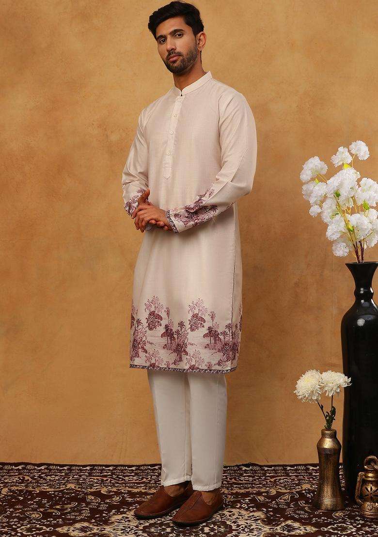 Peach Floral Print Cotton Kurta Pyjama Set For Men - Indya