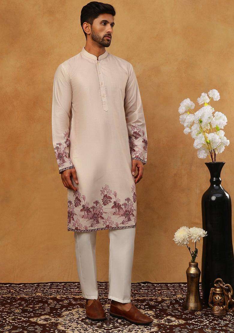 Peach Floral Print Cotton Kurta Pyjama Set For Men - Indya