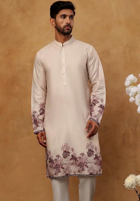 Peach Floral Print Cotton Kurta Pyjama Set For Men
