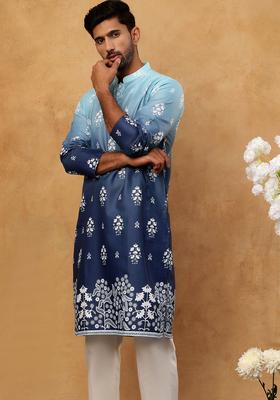 Blue Floral Print Cotton Kurta Pyjama Set For Men