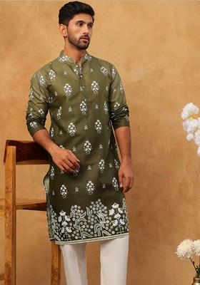Olive Floral Print Cotton Kurta Pyjama Set For Men