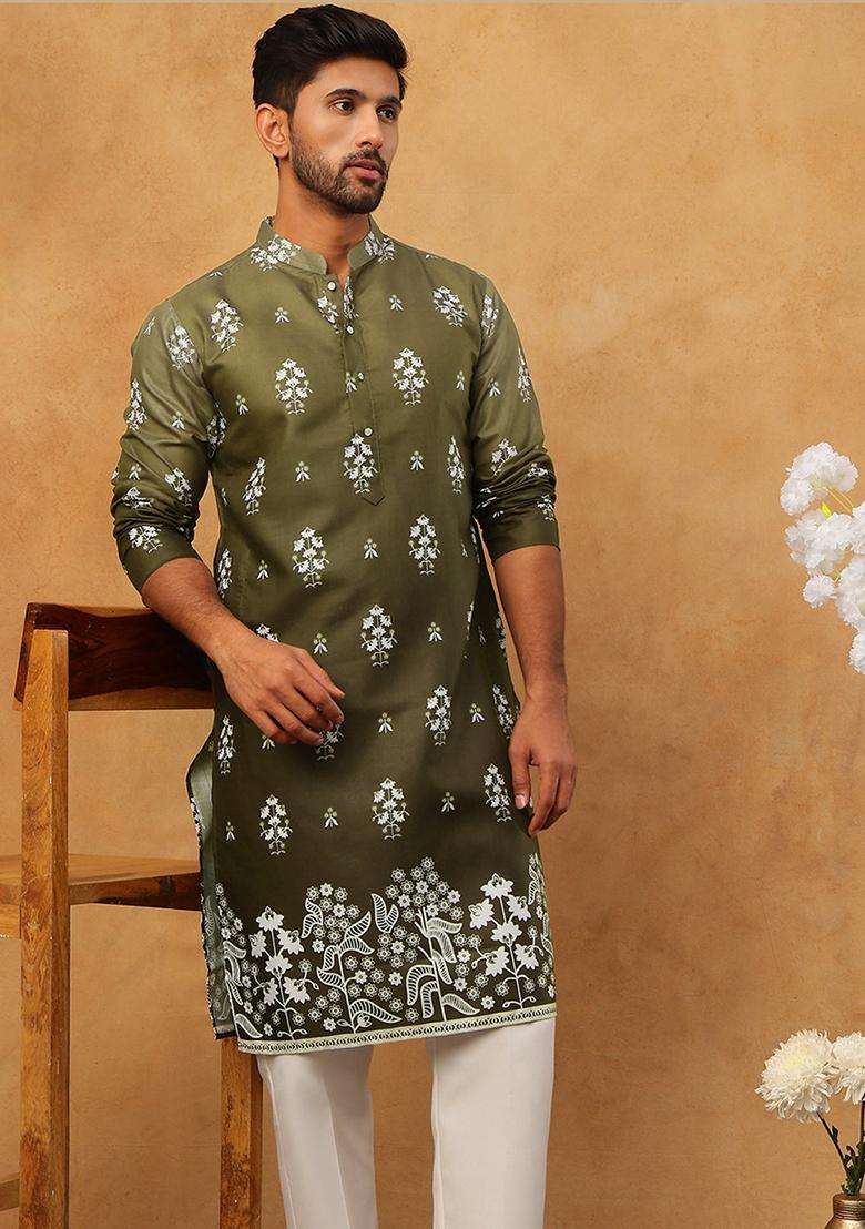 Olive Floral Print Cotton Kurta Pyjama Set For Men - Indya